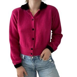 Vintage 1980s Women Robert Scott Hot Pink Angora Lambswool Blend Fluffy Cardigan